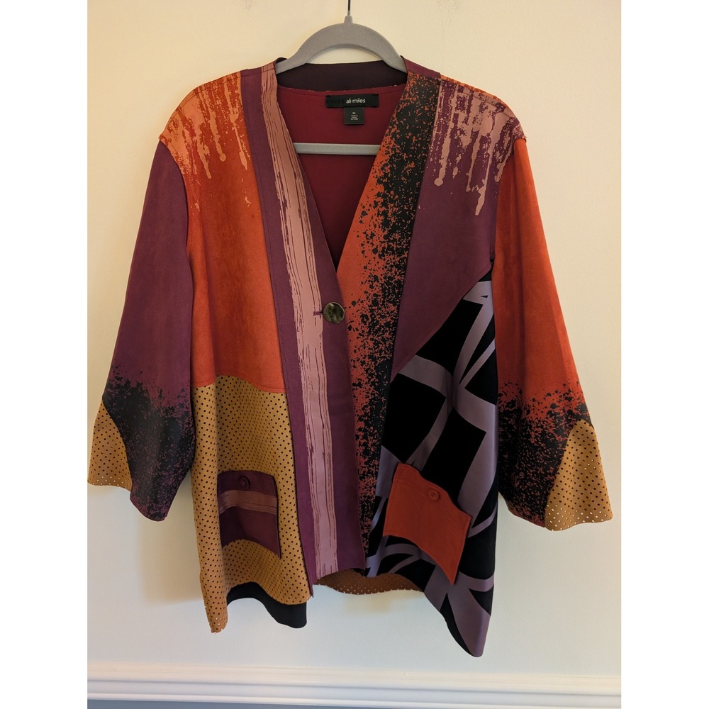 Ali Miles Womens XL Abstract Patchwork Faux Suede Open Front Cardigan Jacket
